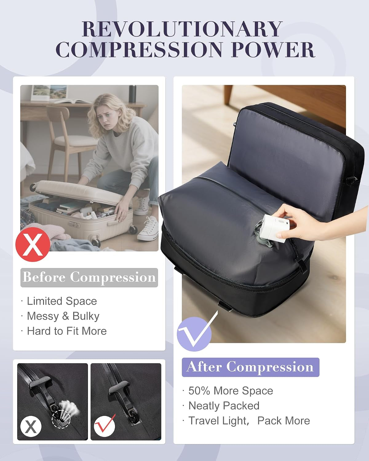 Vacuum Travel Bag with Air Pump Expandable Seal Compression Personal Item Carry on Bags for Airlines Travel Duffle Bags for Women Weekender Overnight Bag Sports Gym Tote Bag Black