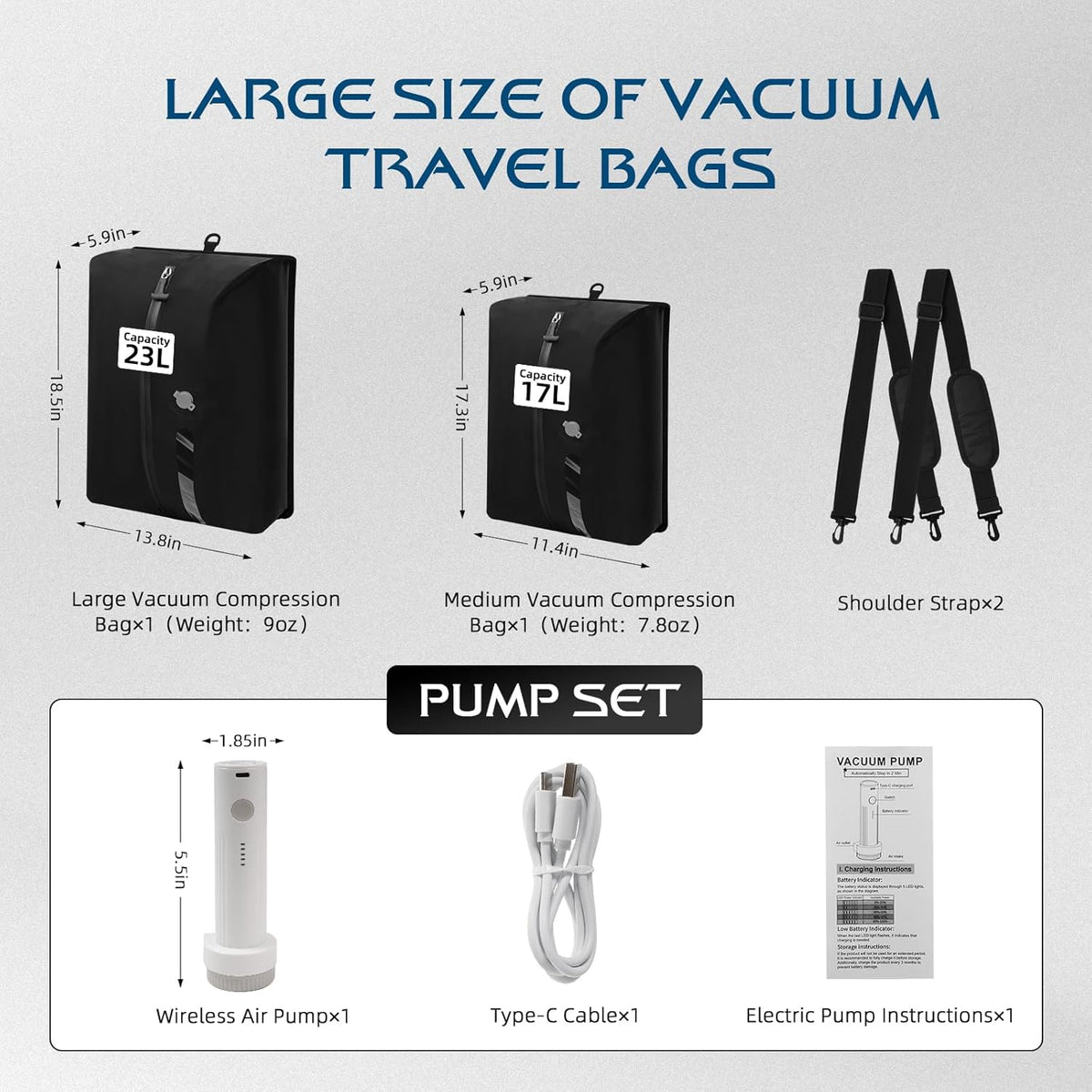 Travel Vacuum Bags with Pump,Space Saver Vacuum Storage Bags, Ip67 Waterproof,Airless Vacuum Kit Travel Carry on Suitcase and Backpack (2 Pack+Pump)