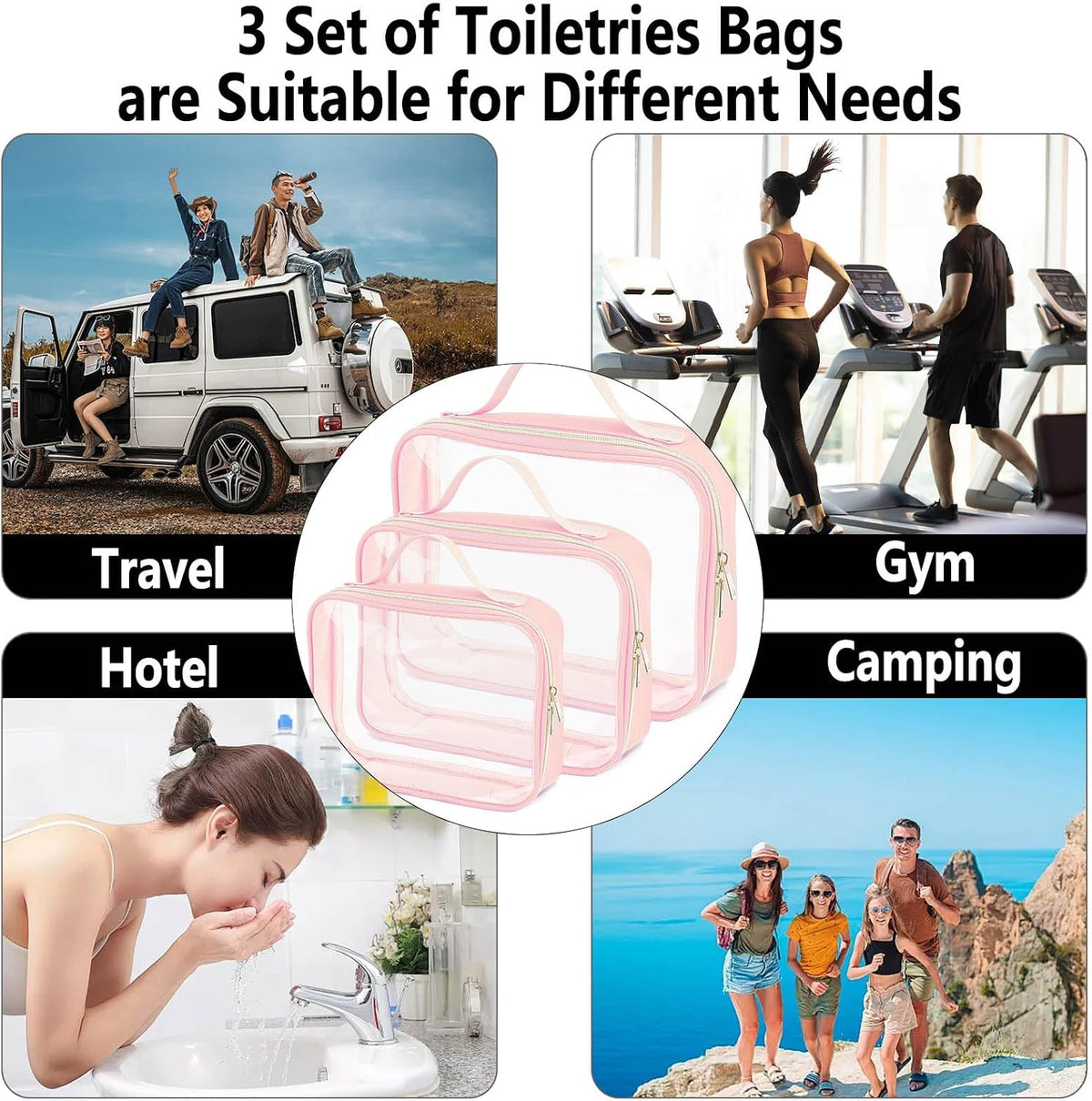 3 Set of Clear Travel Bags for Toiletries,Clear Makeup Bags | Toiletry Bag,Clears Makeup-Bag Travel Bag, Pink