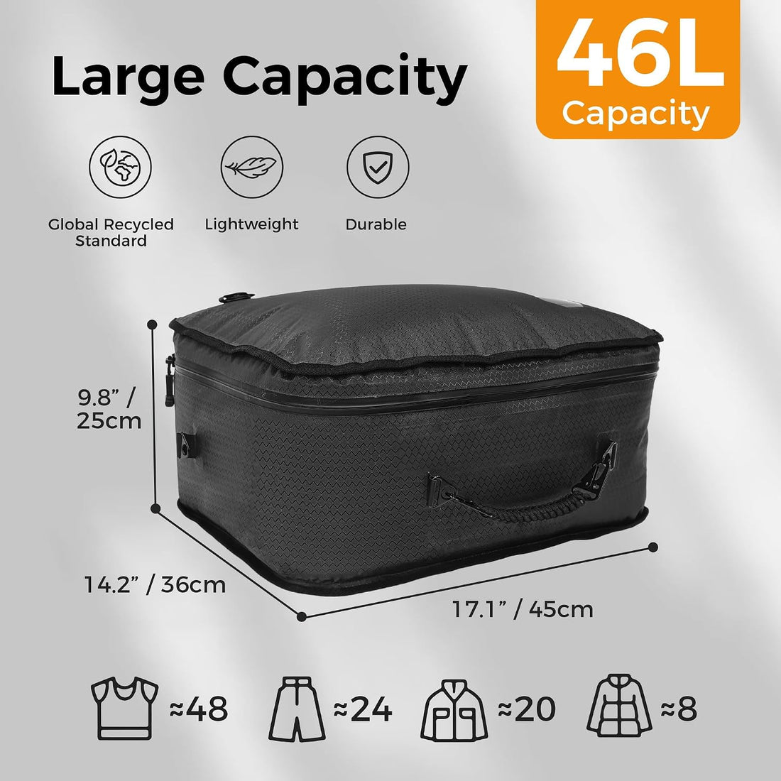 Travel Vacuum Bags with Pump, IP68 Waterproof Reusable Vacuum Seal Bags for Clothing Travel, 46L Compression Bags for Carry on Suitcases and Backpack (2 Pack+Pump)