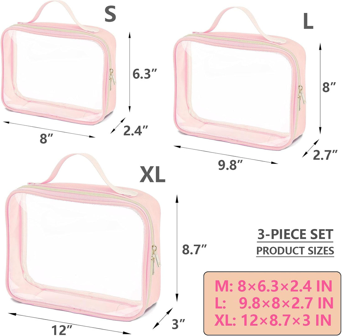 3 Set of Clear Travel Bags for Toiletries,Clear Makeup Bags | Toiletry Bag,Clears Makeup-Bag Travel Bag, Pink