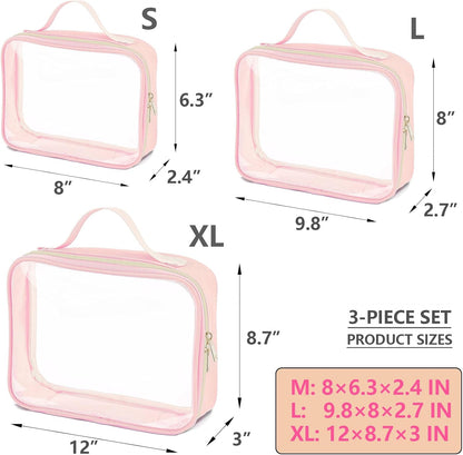 3 Set of Clear Travel Bags for Toiletries,Clear Makeup Bags | Toiletry Bag,Clears Makeup-Bag Travel Bag, Pink