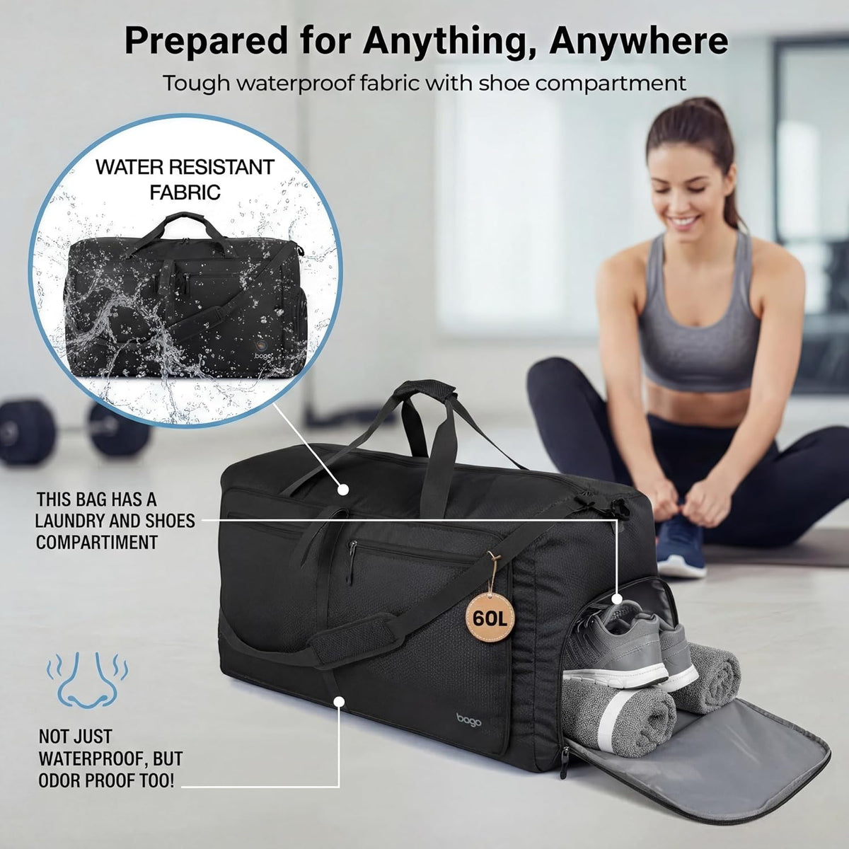 Large Duffle Bag for Travel Women &amp; Men. Durable Lightweight Foldable Travel Duffel Bags for Traveling Women. 60L Duffle Bags for Overnight Bag with Shoe Compartment Collapsible Weekender Duffel