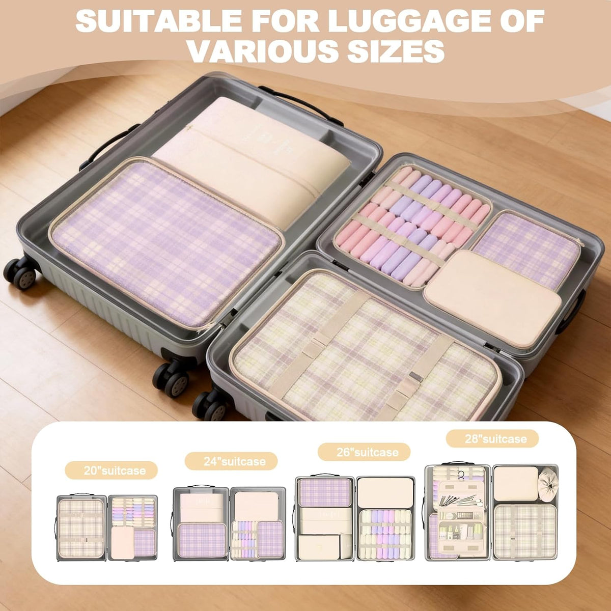 8 Set Packing Cubes for Travel,Suitcase Organizer Bags for Luggage with Shoe &amp; Hanging Toiletry Bag, Vacation Essentials &amp; Accessories for Cruise Ship, Airplane Must-Have,Road Trip &amp; Camp Gifts(Cream)