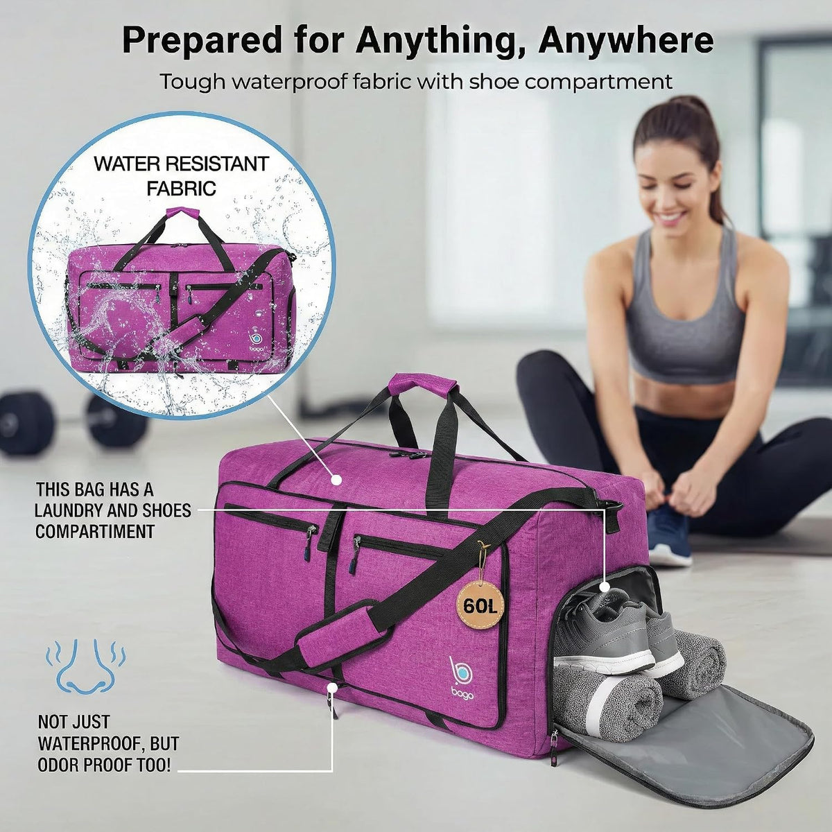 Large Duffle Bag for Travel Women &amp; Men. Durable Lightweight Foldable Travel Duffel Bags for Traveling Women. 60L Duffle Bags for Overnight Bag with Shoe Compartment Collapsible Weekender Duffel
