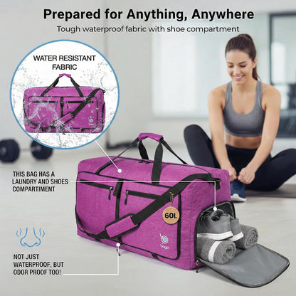 Large Duffle Bag for Travel Women &amp; Men. Durable Lightweight Foldable Travel Duffel Bags for Traveling Women. 60L Duffle Bags for Overnight Bag with Shoe Compartment Collapsible Weekender Duffel