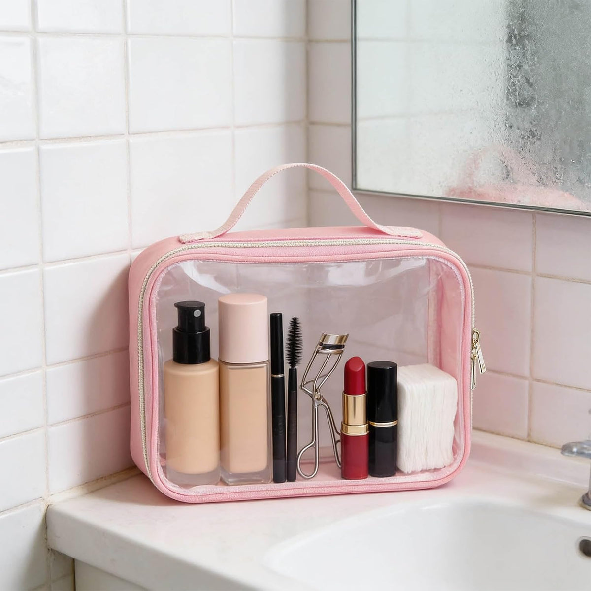 3 Set of Clear Travel Bags for Toiletries,Clear Makeup Bags | Toiletry Bag,Clears Makeup-Bag Travel Bag, Pink