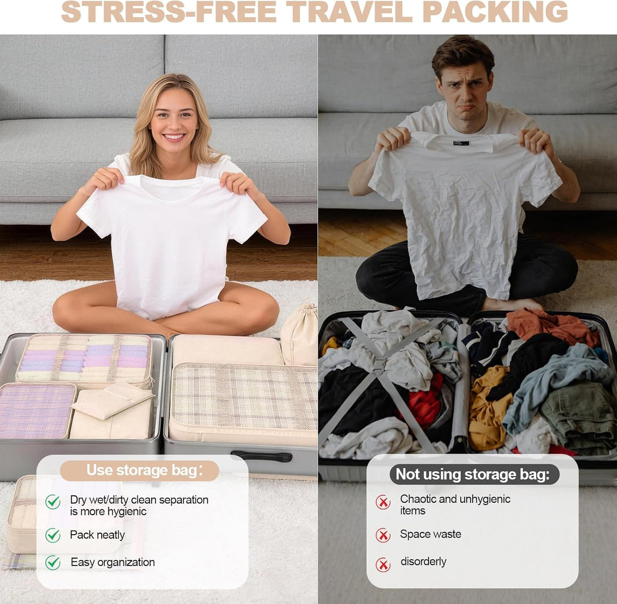 8 Set Packing Cubes for Travel,Suitcase Organizer Bags for Luggage with Shoe &amp; Hanging Toiletry Bag, Vacation Essentials &amp; Accessories for Cruise Ship, Airplane Must-Have,Road Trip &amp; Camp Gifts(Cream)
