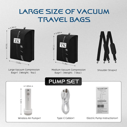 Travel Vacuum Bags with Pump,Space Saver Vacuum Storage Bags, Ip67 Waterproof,Airless Vacuum Kit Travel Carry on Suitcase and Backpack (2 Pack+Pump）