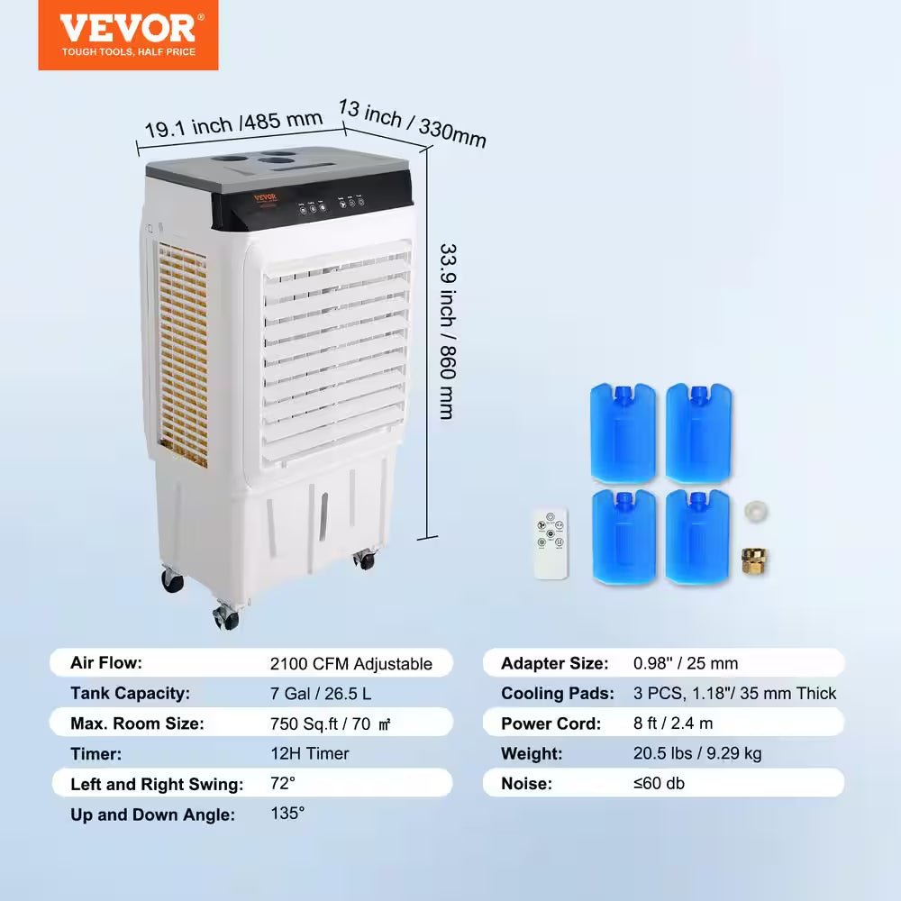 Evaporative Air Cooler 2100 CFM 135° Oscillating Swamp Cooler with 12 H Timer, 7 Gal. Portable Air Cooler