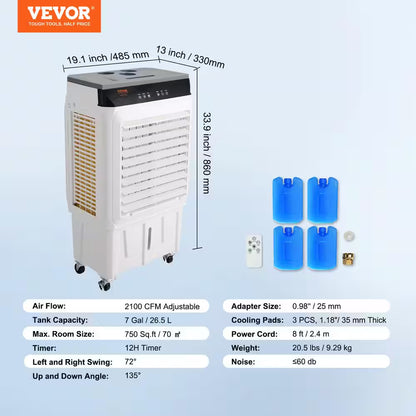 Evaporative Air Cooler 2100 CFM 135° Oscillating Swamp Cooler with 12 H Timer, 7 Gal. Portable Air Cooler