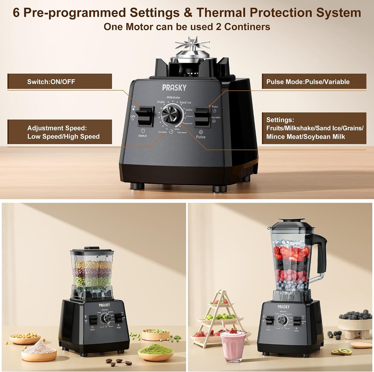 Smoothies Blender, Max.2400W/1000W  Professional Blender, 68Oz | 2L, BPA Free Countertop Blenders, 25000RPM Powerful, 2 Containers, Kitchen Blender & Grinder Combo, Ice Crushing/Juice/Shake