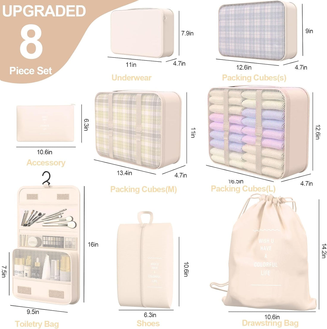 8 Set Packing Cubes for Travel,Suitcase Organizer Bags for Luggage with Shoe &amp; Hanging Toiletry Bag, Vacation Essentials &amp; Accessories for Cruise Ship, Airplane Must-Have,Road Trip &amp; Camp Gifts(Cream)