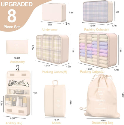 8 Set Packing Cubes for Travel,Suitcase Organizer Bags for Luggage with Shoe &amp; Hanging Toiletry Bag, Vacation Essentials &amp; Accessories for Cruise Ship, Airplane Must-Have,Road Trip &amp; Camp Gifts(Cream)