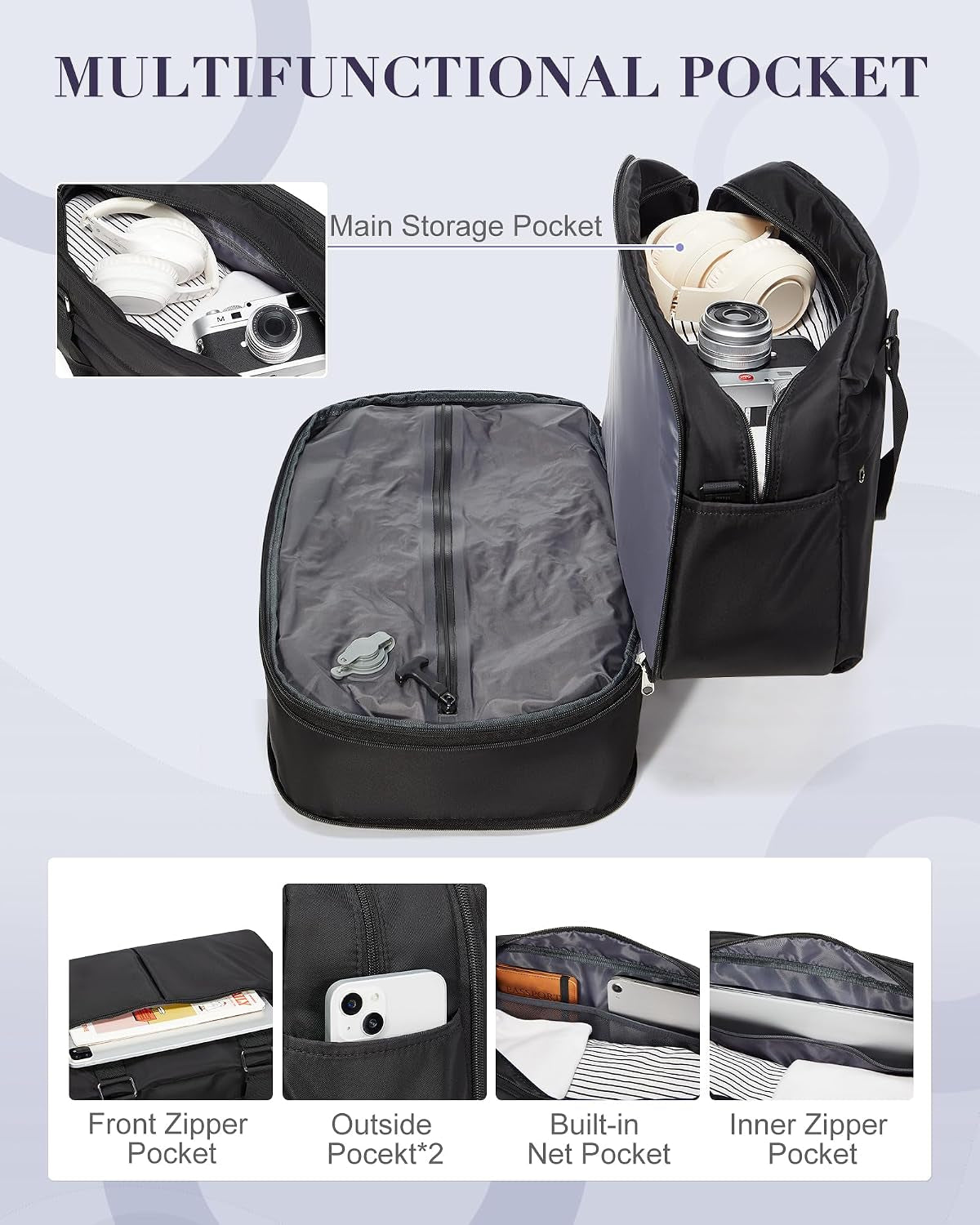 Vacuum Travel Bag with Air Pump Expandable Seal Compression Personal Item Carry on Bags for Airlines Travel Duffle Bags for Women Weekender Overnight Bag Sports Gym Tote Bag Black