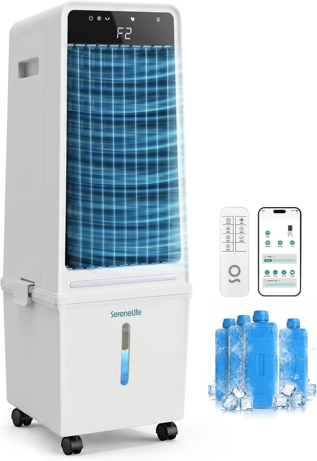 Evaporative Air Cooler with 15 L Detachable Water Tank, Air Cooler with 1500 CFM Cooling Power, Indoor Outdoor Oscillating System with Wheels, Remote & Ice Packs, (Black & White)