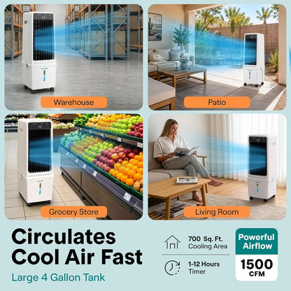 Evaporative Air Cooler with 15 L Detachable Water Tank, Air Cooler with 1500 CFM Cooling Power, Indoor Outdoor Oscillating System with Wheels, Remote & Ice Packs, (Black & White)
