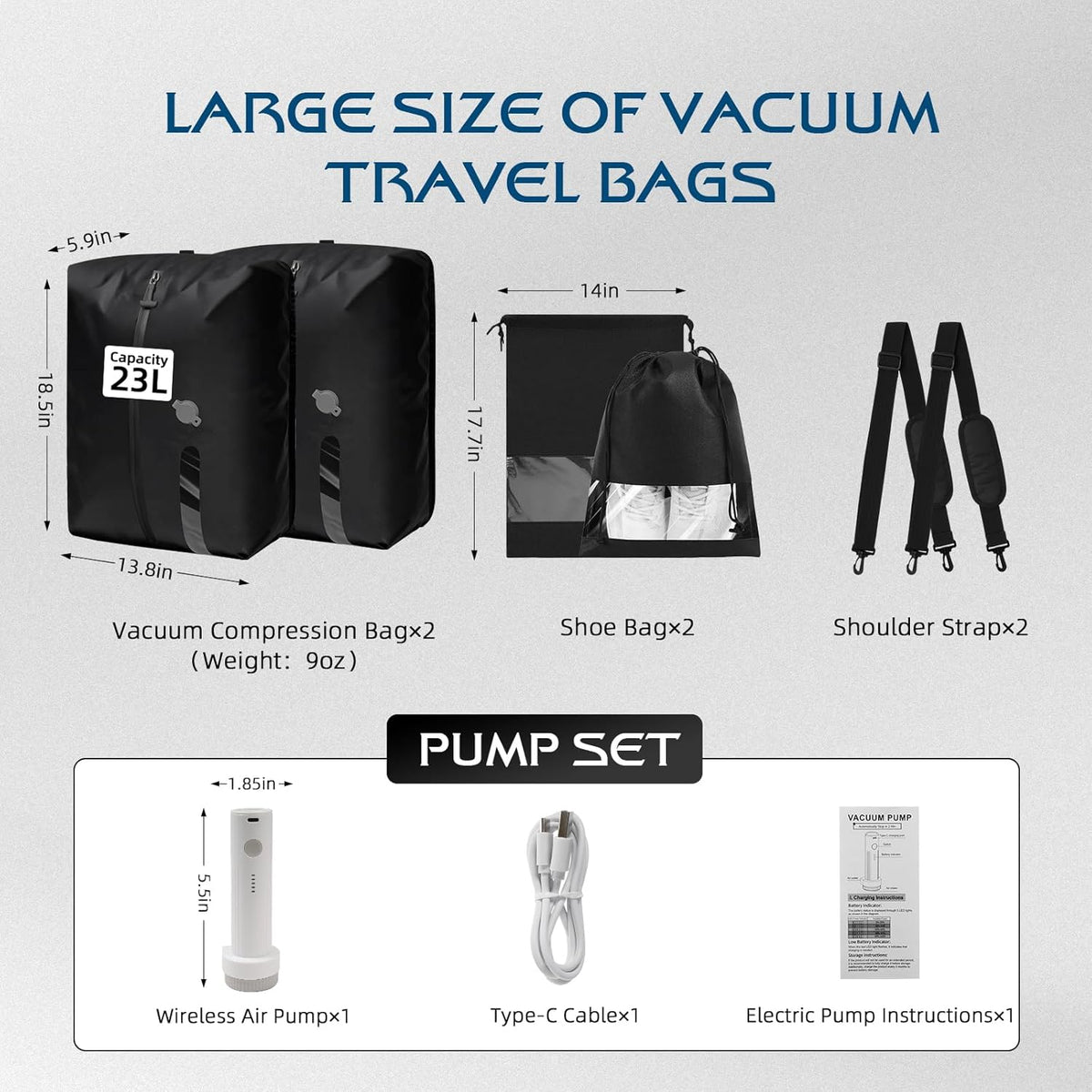Vacuum Travel Bags with Pump,Vacuum Seal Bags for Clothing Travel,Ip67 Waterproof Vacuum Bags for Travel,Compression Packing Cubes with Suitcase, Luggage,Backpack (2Pcs + Pump+Shoe Bags)