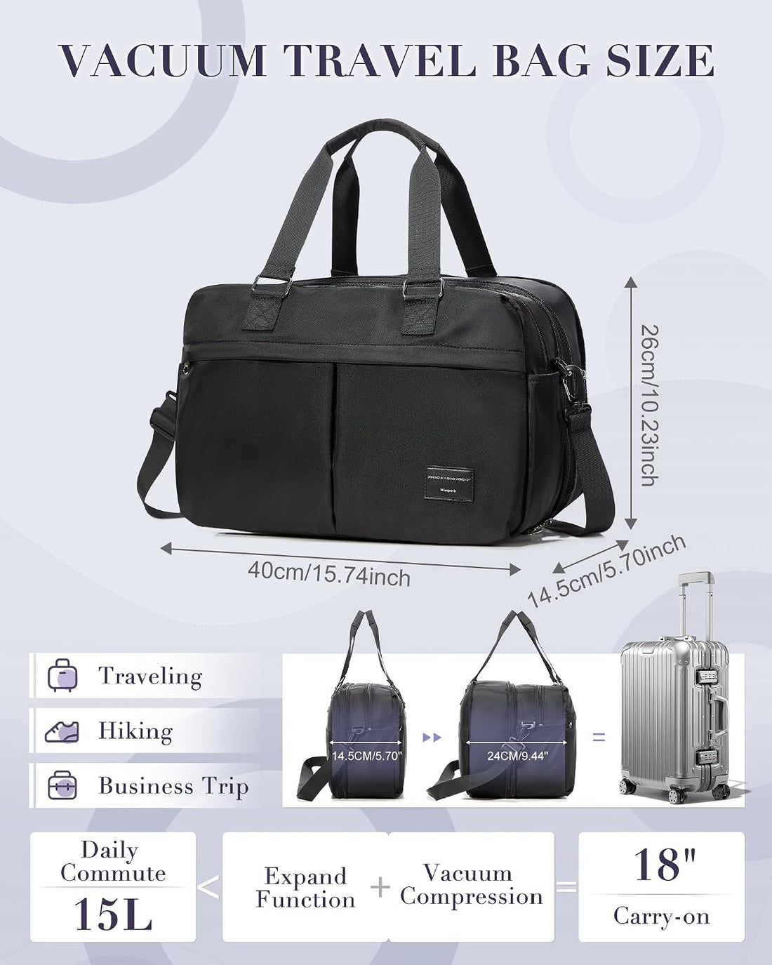 Vacuum Travel Bag with Air Pump Expandable Seal Compression Personal Item Carry on Bags for Airlines Travel Duffle Bags for Women Weekender Overnight Bag Sports Gym Tote Bag Black