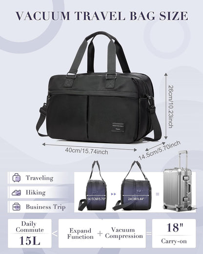 Vacuum Travel Bag with Air Pump Expandable Seal Compression Personal Item Carry on Bags for Airlines Travel Duffle Bags for Women Weekender Overnight Bag Sports Gym Tote Bag Black