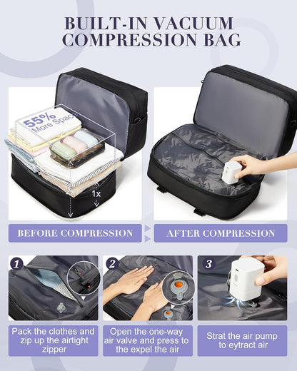 Vacuum Travel Bag with Air Pump Expandable Seal Compression Personal Item Carry on Bags for Airlines Travel Duffle Bags for Women Weekender Overnight Bag Sports Gym Tote Bag Black