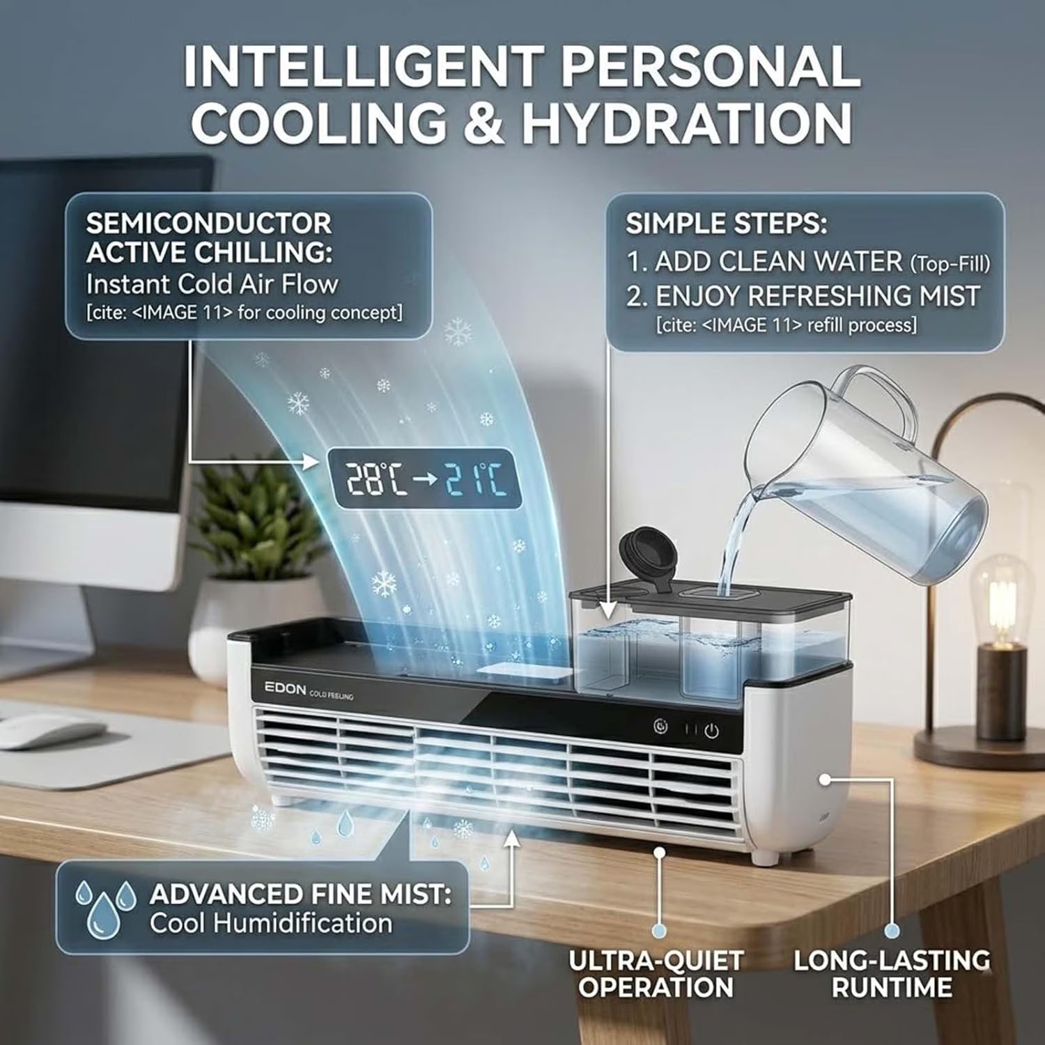 Mini Air Conditioner with Remote, Wireless Air Conditioner Cooling Mist Fan, Small Wall Air Conditioner No Window No Drill, 3 Speed Evaporative AC for Home Office(White)