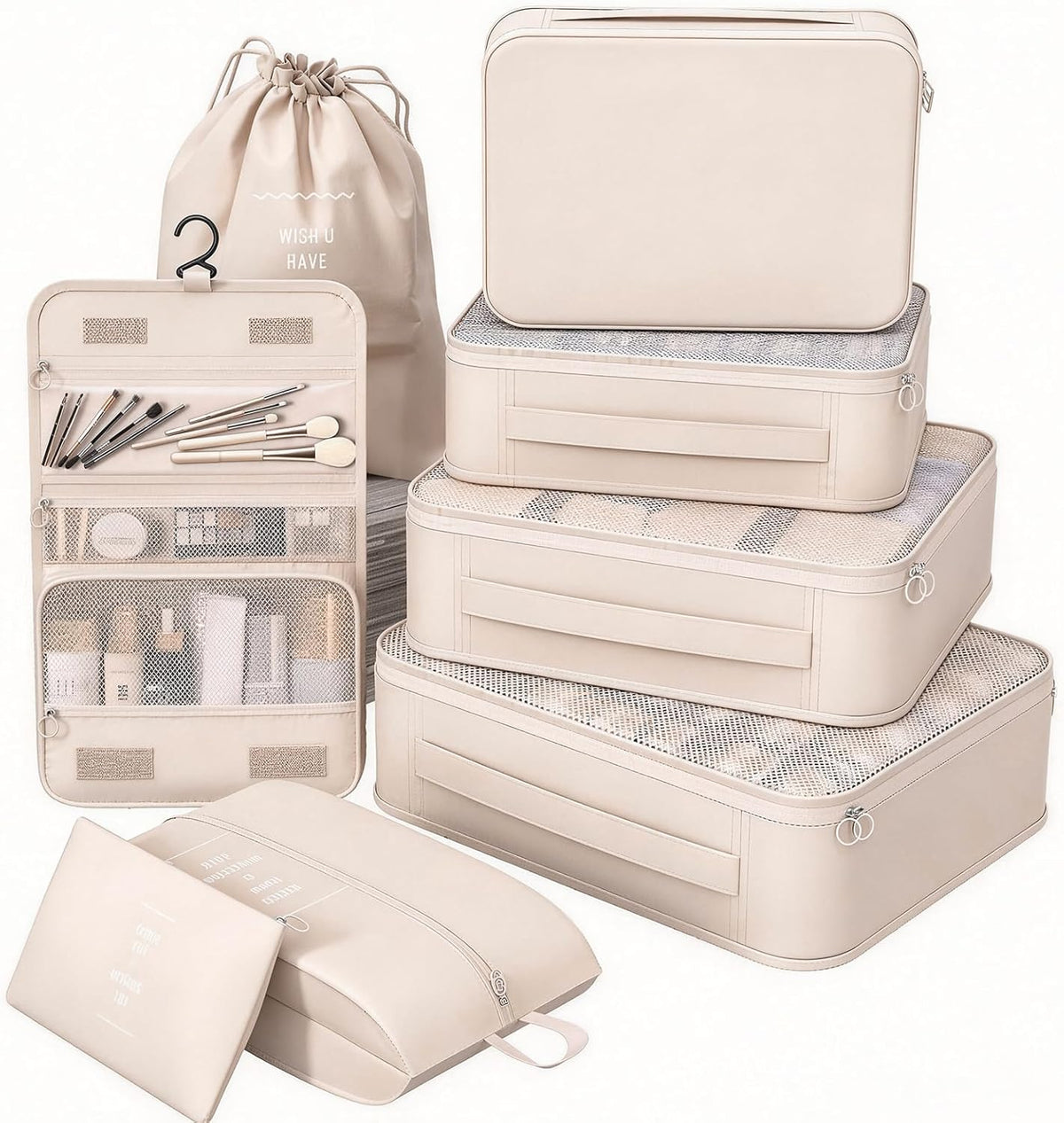 8 Set Packing Cubes for Travel,Suitcase Organizer Bags for Luggage with Shoe &amp; Hanging Toiletry Bag, Vacation Essentials &amp; Accessories for Cruise Ship, Airplane Must-Have,Road Trip &amp; Camp Gifts(Cream)
