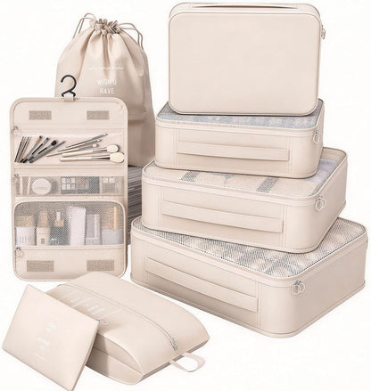 8 Set Packing Cubes for Travel,Suitcase Organizer Bags for Luggage with Shoe &amp; Hanging Toiletry Bag, Vacation Essentials &amp; Accessories for Cruise Ship, Airplane Must-Have,Road Trip &amp; Camp Gifts(Cream)